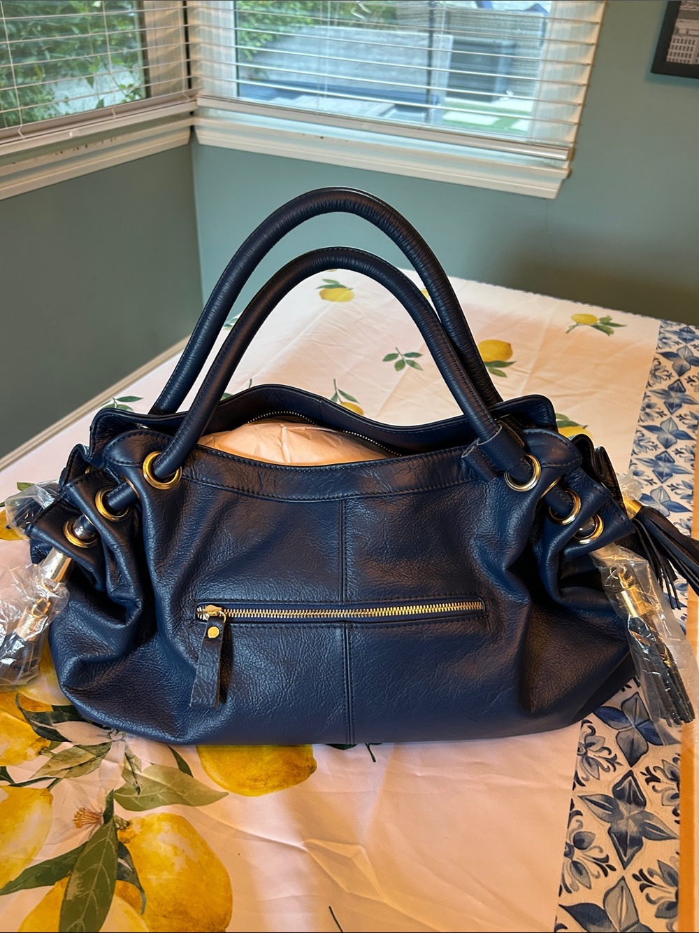 New large Classic Navy Pebbled Leather Shoulder Bag with Tassels - Picture 4 of 6